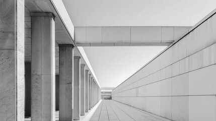 A symmetrical greyscale image of a corridor lined with columns