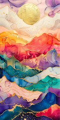 An abstract painting of mountains, with golden cracks running through alcohol ink and colorful clouds, golden lines flowing between purple mountains, and gold foil embellishments adding luxury, formin
