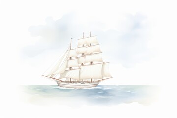 A watercolor painting of a tall ship at sea with the sails billowing in the wind.