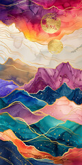 An abstract painting of mountains, with golden cracks running through alcohol ink and colorful clouds, golden lines flowing between purple mountains, and gold foil embellishments adding luxury, formin