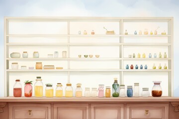 Fototapeta premium An illustration of a wooden shelf with a variety of potions, jars, and other magical ingredients.