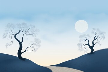 Two large dead trees on a snowy hill with a large moon in the background.