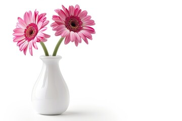 Two pink gerbera flowers in white vase isolated on white background