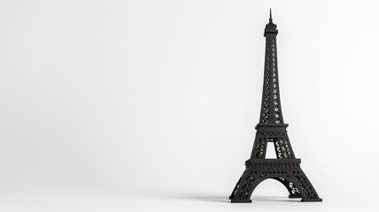 A black model of the Eiffel Tower with intricate details against a white background.