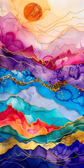An abstract painting of mountains, with golden cracks running through alcohol ink and colorful clouds, golden lines flowing between purple mountains, and gold foil embellishments adding luxury, formin