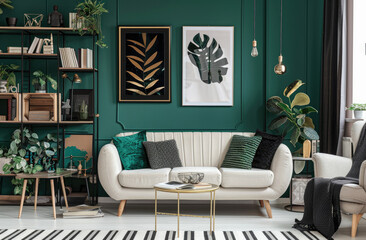 A green living room with white sofa, black and gold decor elements, vintage wooden bookcase filled with books, plants in vases on shelves, striped rug under coffee table