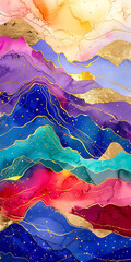 An abstract painting of mountains, with golden cracks running through alcohol ink and colorful clouds, golden lines flowing between purple mountains, and gold foil embellishments adding luxury, formin