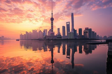 An idyllic vision of the beautiful Shanghai skyline, AI generated - obrazy, fototapety, plakaty