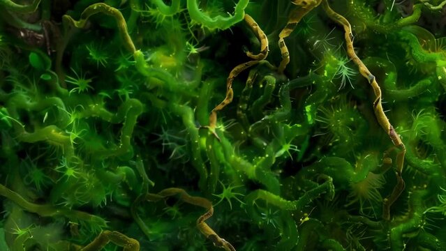 An overhead view of a lush green forest floor with a mix of long and thin nematodes snaking through the soil and blending seamlessly . AI generation.
