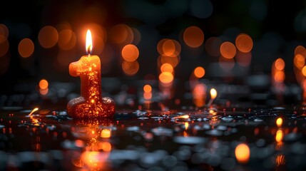 A glowing birthday candle in the shape of the number "1," casting a warm and flickering light