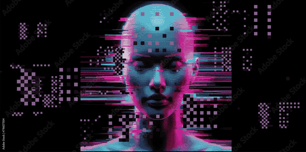 Poster glitched and pixelated silhouette of a 3d human head on a dark background. conceptual vector illustr