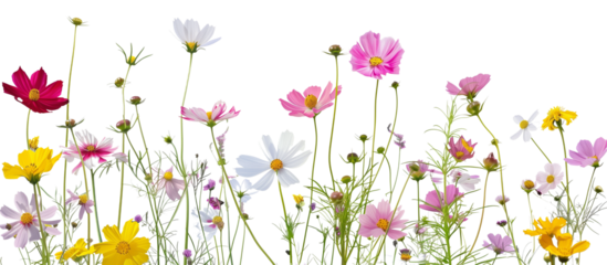 Meadow of wildflowers including cosmos and wild daisies, showcasing nature’s untamed beauty, isolated on transparent background
