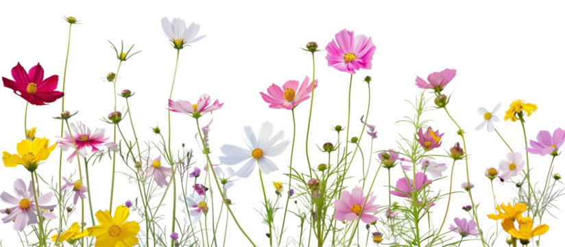 Meadow of wildflowers including cosmos and wild daisies, showcasing nature’s untamed beauty, isolated on transparent background