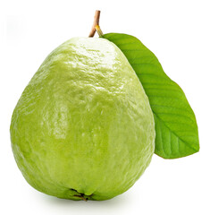 Fresh Pink Guava fruit on white background. Sweet Guava fruit with leaf isolate on white with...