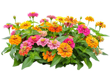 Fototapeta premium Colorful zinnia flower bed, bursting with blooms in shades of orange, pink, and yellow, perfect for a summer garden, isolated on transparent background