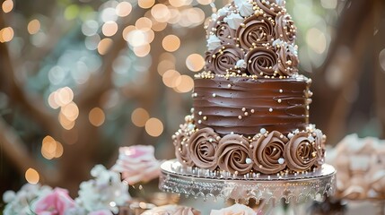 A heavenly chocolate birthday cake adorned with whimsical swirls of frosting and shimmering sprinkles, placed on a dessert cart at a romantic outdoor wedding reception under the stars