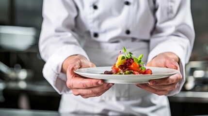 A professional chef presenting a dish in a gourmet restaurant