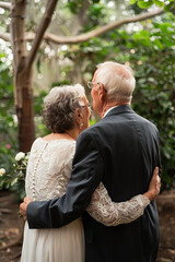 Senior couple sharing an intimate, heartfelt moment during a modest, informal wedding ceremony held in a garden environment