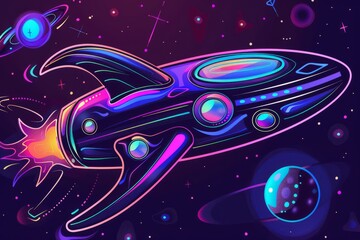 Cartoon cute doodles of a futuristic neon spaceship soaring through the cosmos, exploring distant galaxies, Generative AI