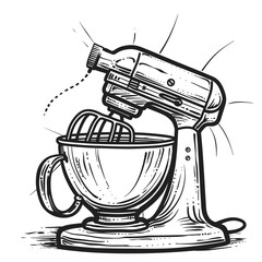 Hand drawn electric mixer. Vector illustration in vintage engraving style.