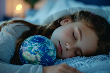 Young girl peacefully sleeping in bed, gazing at the planet Earth
