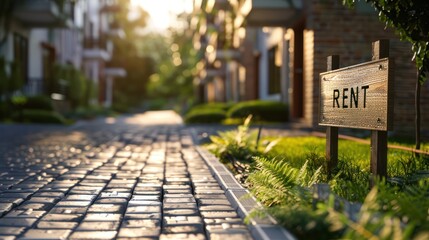 Street view of rustic style stone paving residences, in a modern residential suburban With rent sign.