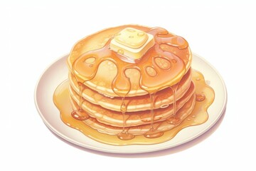 A stack of fluffy Pancakes drizzled with maple syrup and topped with fresh blueberries, with a steaming cup of coffee beside them, seamless background,