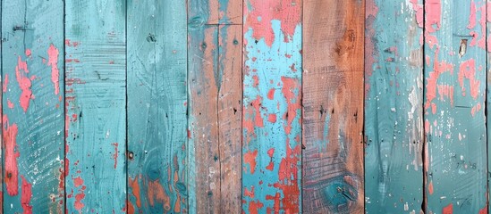 Closeup of wood fence with aqua and magenta paint in geometric pattern