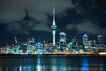 Obraz premium Beautiful Auckland skyline with the Sky Tower illuminated at night, AI-generated