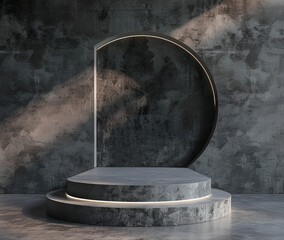 Grey shades abstract stage or podium with place for your product presentation on blank wall background with backlit. 3D rendering, mockup