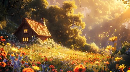Cozy Cottage Nestled in Vibrant Countryside Landscape with Glowing Sunlight and Blooming Wildflowers