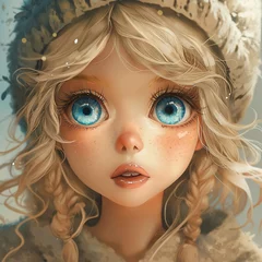 Fotobehang Una ilustración generada por IA de una chica rubia con una linda boina tejida © patypixie