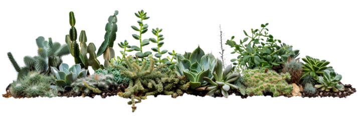 Succulent bed designed for xeriscaping, combining various cacti and sedum species for a drought-tolerant display, isolated on transparent background