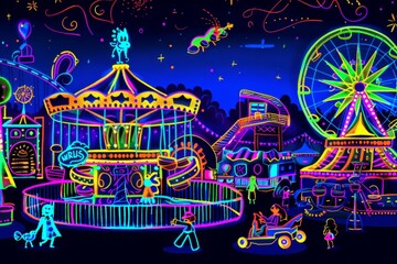 Cartoon cute doodles of a neon carnival with flashy rides and games, delighting characters of all ages, Generative AI