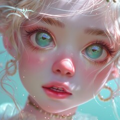 Una encantadora imagen del rostro de una chica pálida con encantadores ojos verdes y una actitud soñadora