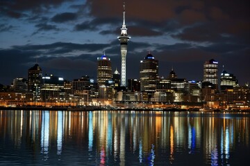 Obraz premium Beautiful Auckland skyline with the Sky Tower illuminated at night, AI-generated