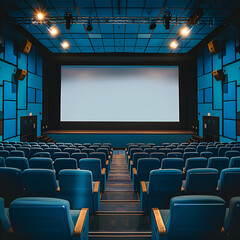 Empty of cinema in blue color with white blank screen. Mockup of hall, no people and auditorium