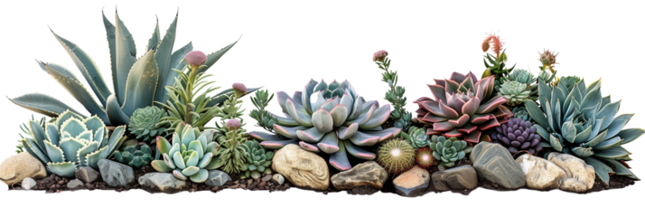 Succulent bed designed for xeriscaping, combining various cacti and sedum species for a drought-tolerant display, isolated on transparent background