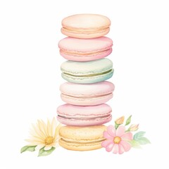 A collection of colorful Macarons stacked like a tower, each macaron adorned with a delicate flower made of icing, seamless background,