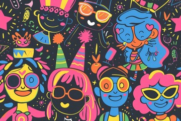Cartoon cute doodles of characters attending a neon-themed costume party, dressed in colorful outfits and accessories, Generative AI