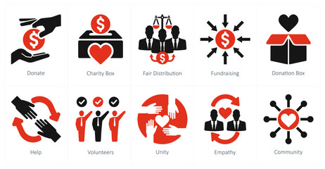 A set of 10 charity and donation icons as donate, charity box, fair distribution