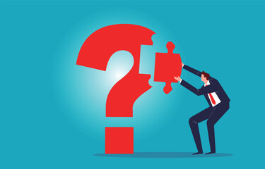 Solving problems or doubts and completing the final piece of the puzzle, the businessman completes the last piece of the puzzle of the question mark