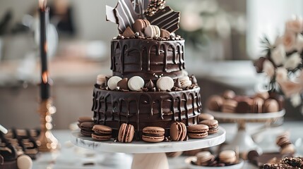 A sumptuous chocolate birthday cake adorned with miniature macarons and chocolate shards,...