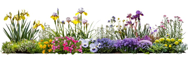 Perennial flowers bed, showcasing a year-round display of blooms from irises to peonies, isolated on transparent background.