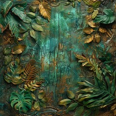textured background inspired by nature, showcasing a detailed depiction of jungle foliage, florals, and green leaves intermixed with wood and bark textures
