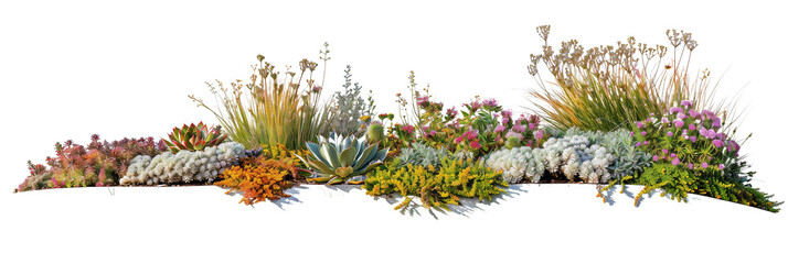 Sustainable flowers bed featuring drought-resistant plants, blending sedums and succulents with native grasses, isolated on transparent background