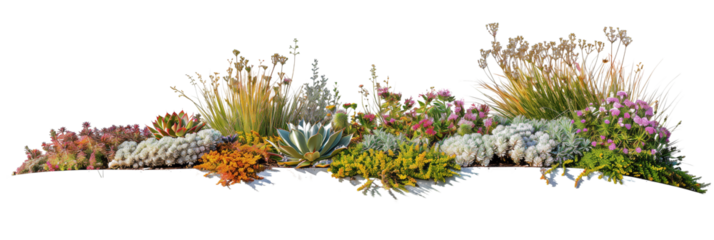 Sustainable flowers bed featuring drought-resistant plants, blending sedums and succulents with native grasses, isolated on transparent background