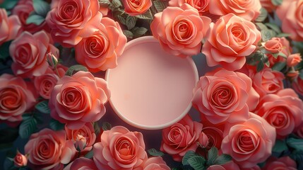 An rose gold background in the empty center surrounded by a circle of bright roses, symbolizing growth and rejuvenation. top view. Generative AI.