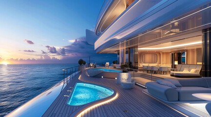 A large luxury private yacht with a pool on the deck