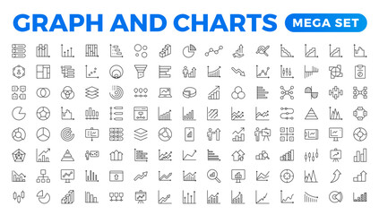 Growing bar graph icon set. Business graphs and charts icons. Statistics and analytics vector icon. Statistic and data, charts diagrams, money, down or up arrow.Outline icon collection.